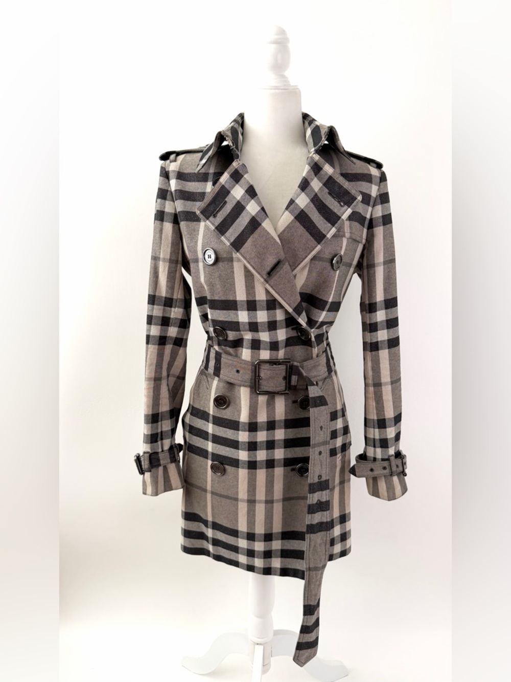 BURBERRY LONDON | Check Plaid Trench Coat Belt Double Breasted Metallic US 8 - Picture 3 of 15